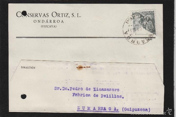 Sellos: TARJETA COMERCIAL - CONSERVAS ORTIZ - ONDARROA ( VIZCAYA ) año 1949 .dest ZUMARRAGA (Guipúzcoa) - Foto 1 - 56720470