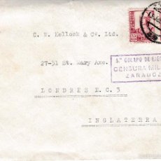 Sellos: 1937. CENSURA MILITAR ZARAGOZA 5º CUERPO DE EJERCITO. FRONTAL DE SOBRE CIRCULADO