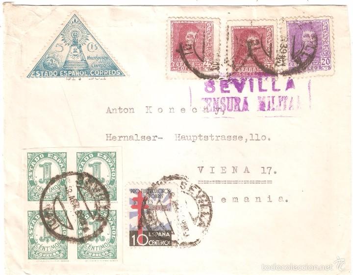 Timbres: SOBRE CIRCULADO SEVILLA AUSTRIA 1939 NUEVE  SELLOS CENSURA MILITAR