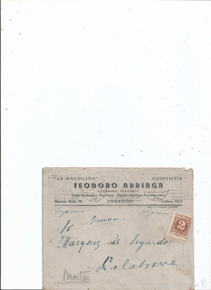Sellos: TEODORO ARRIAGA ^LA MADRILE&Ntilde;A^ - CONFITER&Iacute;A - LOGRO&Ntilde;O 2 CTS. ESTADO ESPA&Ntilde;OL 1940. LA RIOJA