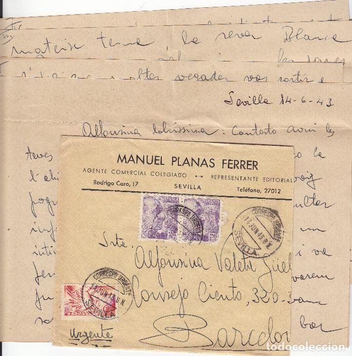 Briefmarken: Sobre comercial- M PLANAS FERRER, A.EDITORIAL -1943 - SEVILLA/ IGUALADA dorso ILUSTRADO mat URGENTE