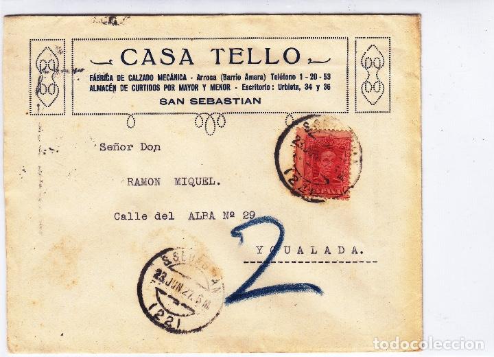 Selos: Sobre comercial CASA TELLO , CURTIDOS -1927 - SAN SEBASTIAN ( Guipuzcoa) / IGUALADA con llegada