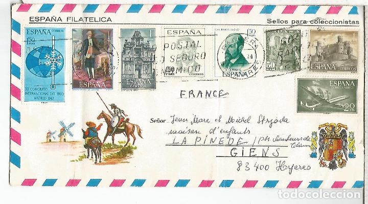 Sellos: PAGUERA BALEARES SOBRE TURISTICO QUIJOTE SELLOS CASTILLO JUAN RAMON JIMENEZ FRIO AVION CARABELA