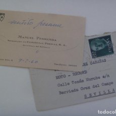 Sellos: PEQUEÑO SOBRE CON TARJETA DE VISITA DEL SECRETARIO COMERCIAL DE PIRELLI A MOTO-RECORD, 1960. Lote 402499634