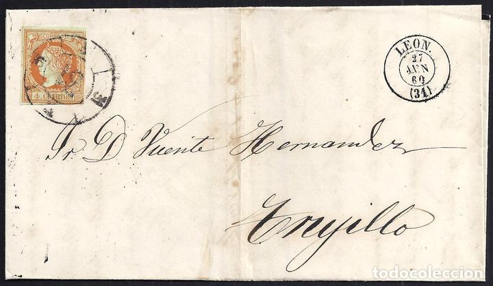 Sellos: LEON. 1860. ESPA&Ntilde;A. SPAIN. 4 CUARTOS. ED. 52. LEON A TRUJILLO. - Foto 1