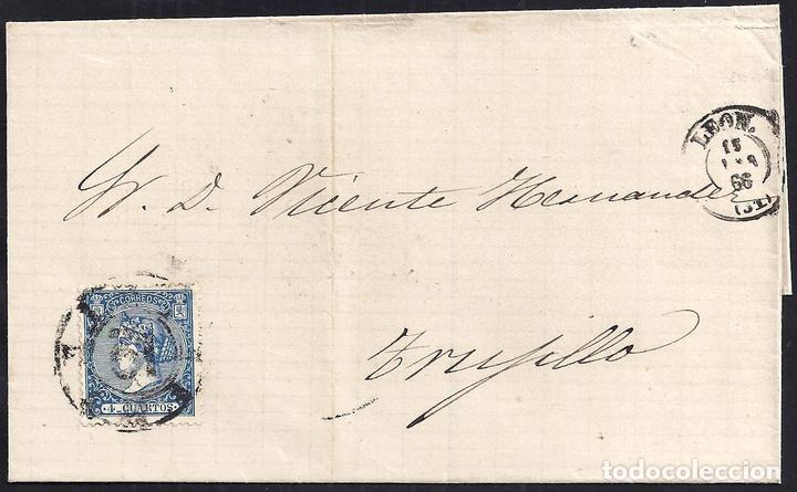 Sellos: LEON. 1866. ESPA&Ntilde;A. SPAIN. 4 CUARTOS. ED. 81. LEON A TRUJILLO. - Foto 1