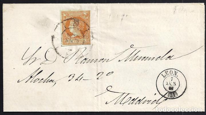 Sellos: LEON. 1861. ESPA&Ntilde;A. SPAIN. 4 CUARTOS. ED. 52. LEON A MADRID. - Foto 1