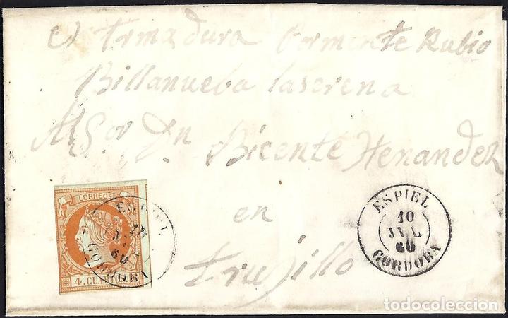 Sellos: 1860. ESPA&Ntilde;A. SPAIN. 4 CUARTOS. ED. 52. ESPIEL A TRUJILLO. - Foto 1