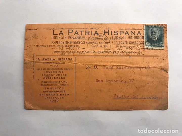 Briefmarken: VILLAR DEL ARZOBISPO (Valencia) Tarjeta Postal, la Patria Hispana. C&iacute;a. de Seguros (a.1934)