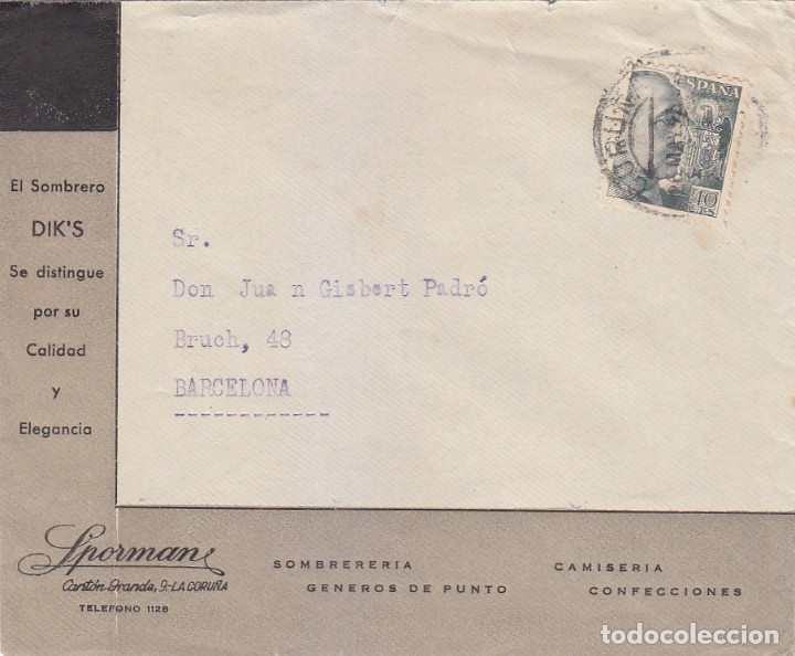 Timbres: RARA PUBLICIDAD SOMBRERO DIK'S EN CARTA COMERCIAL CIRCULADA 1943 DE LA CORUÑA A BARCELONA. MPM.