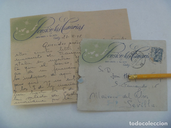 CARTA DE LA PENSION LAS CANARIAS ( CADIZ ) A MAIRENA DEL ALCOR, 1948. SELLO DE FRANCO (Sellos - Historia Postal - Sello Español - Sobres Circulados)