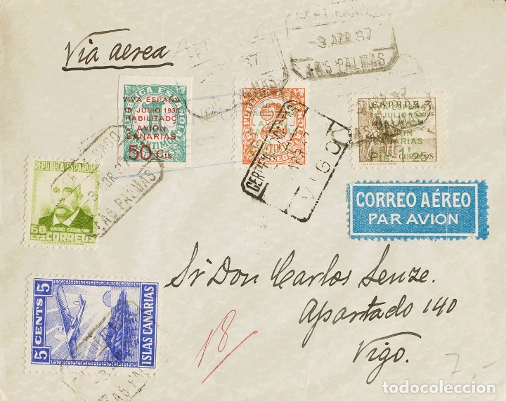Sellos: Espa&ntilde;a. Canarias. Canarias. Al dorso llegada. MAGNIFICA. REF: 64183 - Foto 1