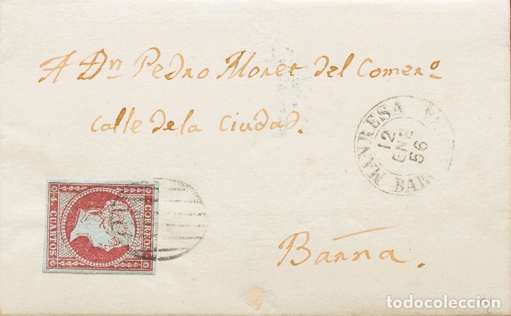 Sellos: Espa&ntilde;a. Catalu&ntilde;a. Historia Postal. Sobre 40. 1856. 4 cuartos carm&iacute;n. MANRESA a BARCELONA. En el fre - Foto 1