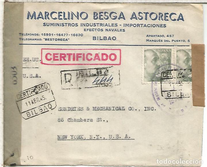 Sellos: BILBAO CC CERTIFICADA A USA 1945 CON CENSURA BILBAO MADRID Y USA TRANSITOS Y LLEGADAS - Foto 1
