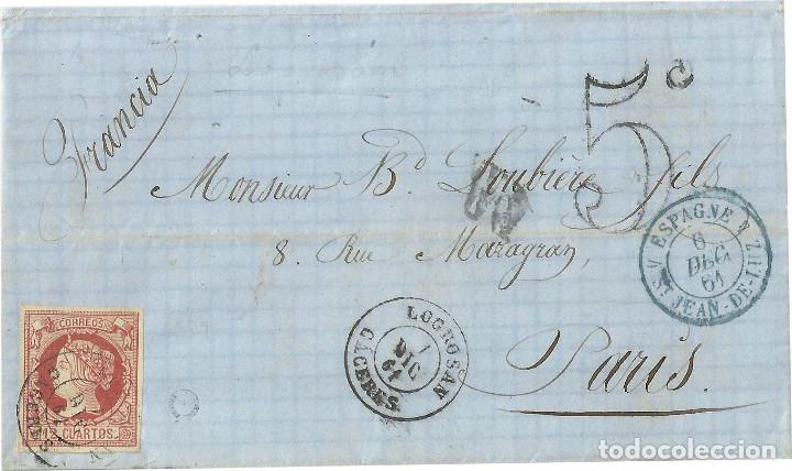 Sellos: Logros&aacute;n (C&aacute;ceres) a Par&iacute;s (1861) con Ed. 53. - Foto 1