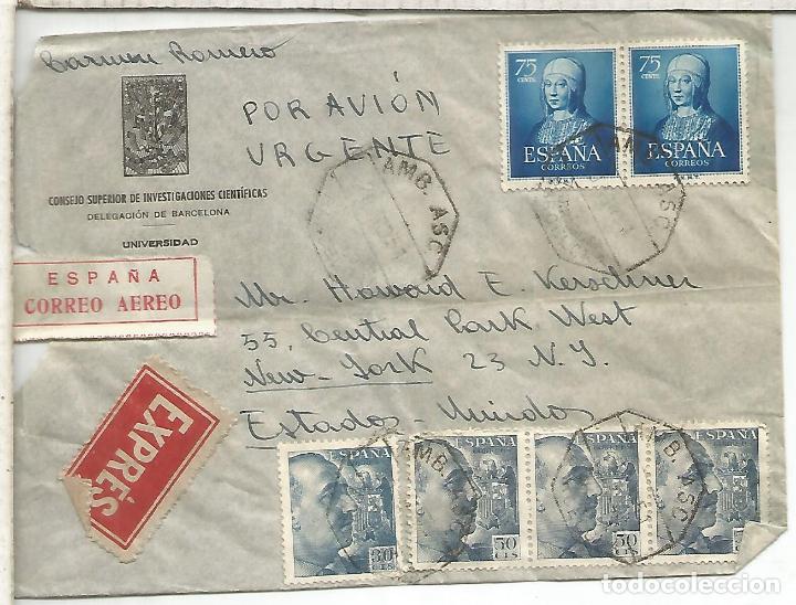 Francobolli: CC CORREO AEREO URGENTE A USA CON MAT AMBULANTE Y SELLOS ISABEL CATOLICA Y FRANO PERFIL 1951