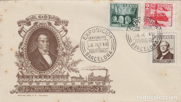 Sellos: 1948 CENTENARIO FERROCARRIL 1037/9 .SOBRE PRIMER DIA / SPD - Foto 1
