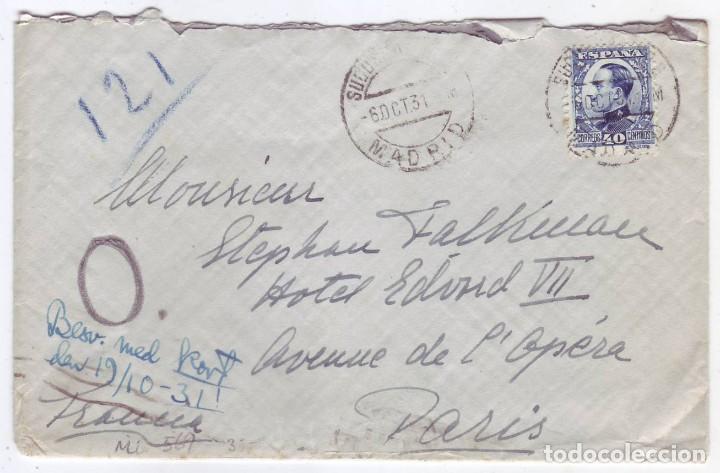 Sellos: Sobre circulado de Madrid a Par&iacute;s (1931) - Foto 1