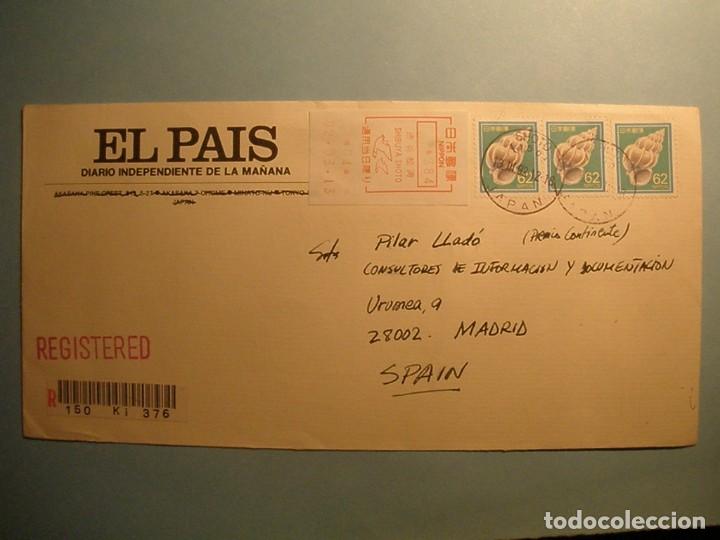 Sellos: SOBRE CERTIFICADO 1992 (JAP&Oacute;N A MADRID) - CONCHA DE MOLUSCO - EL PAIS.