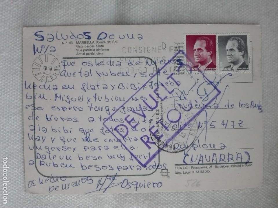Sellos: POSTAL2526 DOMINGUEZ 43 MARBELLA MALAGA -FILATELIA 1988 PAMPLONA REPARTO DEVUELTO