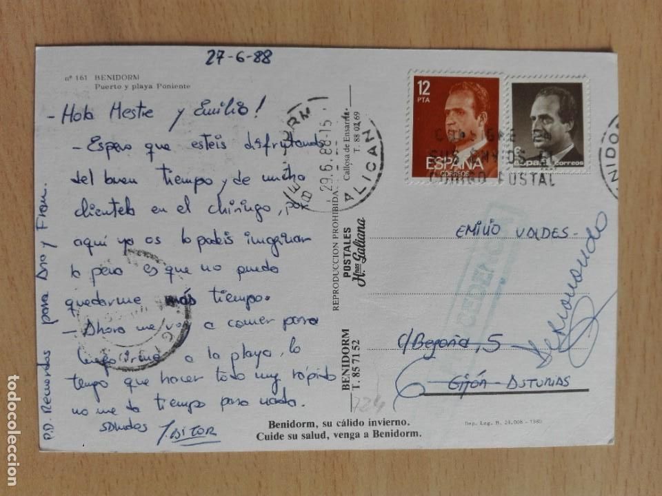 Stamps: POSTAL 2724 GALIANA 161 BENIDORM ALICANTE PLAYA PONIENTE -FILATELIA GIJON ASTURIAS A SU PROCEDENCIA