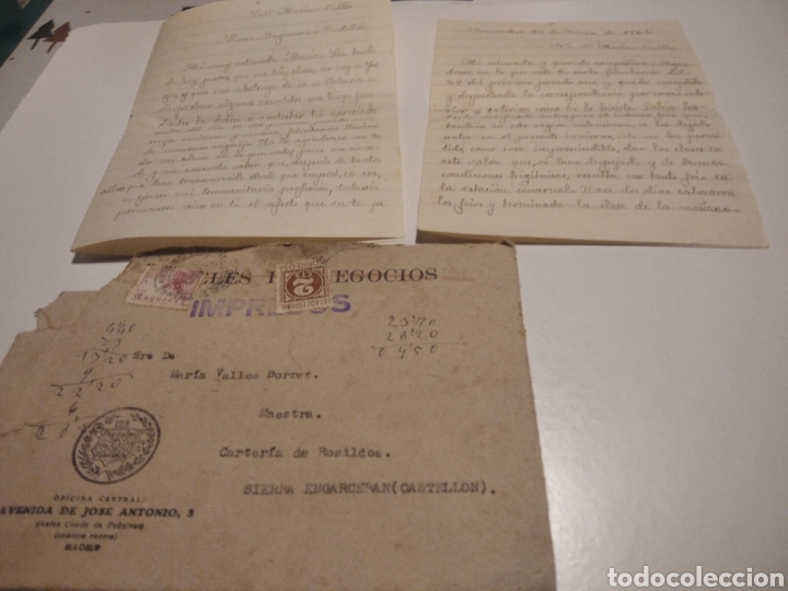 Francobolli: Sobre con dos cartas de Mar&iacute;a Vall&eacute;s maestra, i con cargo mujeres de acci&oacute;n Cat&oacute;lica Foyos 1942