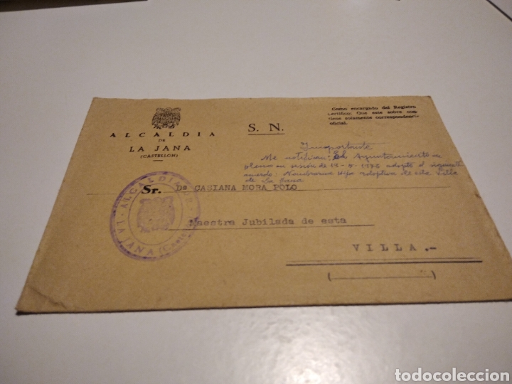 Briefmarken: Sobre Alcald&iacute;a de la Jana, Casina Mora Polo maestra Jubilada