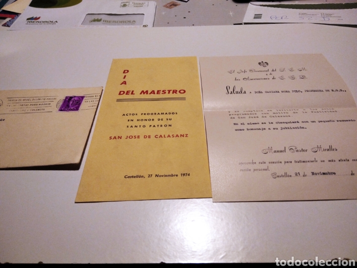 Briefmarken: Dia del maestro, sobre con carta, jefe provincial saluda a maestra jubilada Castell&oacute;n 1974