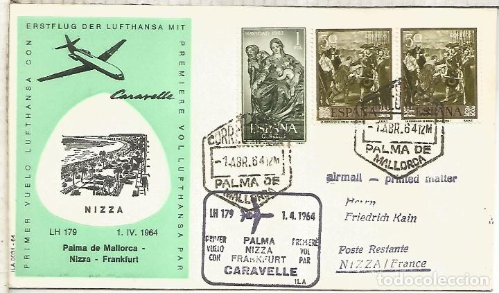 Sellos: PRIMER VUELO LUFTHANSA PALMA MALLORCA NICE MAT HEXAGONAL 1964