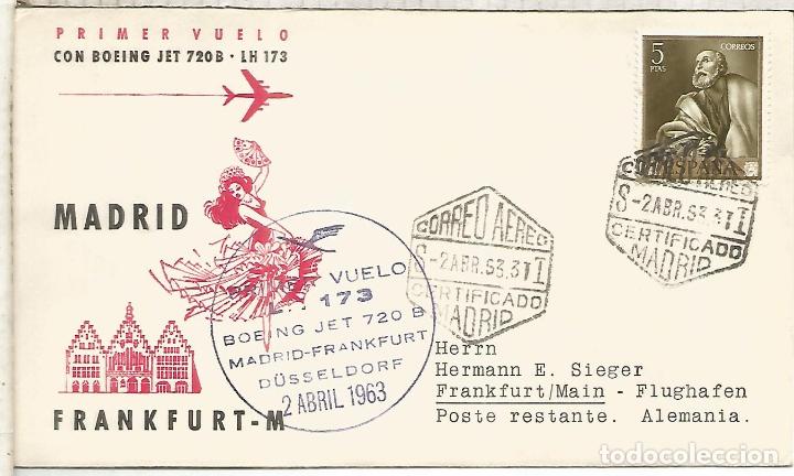 Sellos: PRIMER VUELO LUFTHANSA MADRID FRANKFURT 1963 MAT HEXAGONAL CERTIFICADO CON LLEGADA