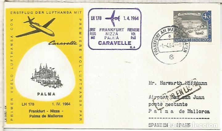 Sellos: PRIMER VUELO LUFTHANSA FRANKFURT NICE PALMA MALLORCA 1964 CON MAT HEXAGONAL