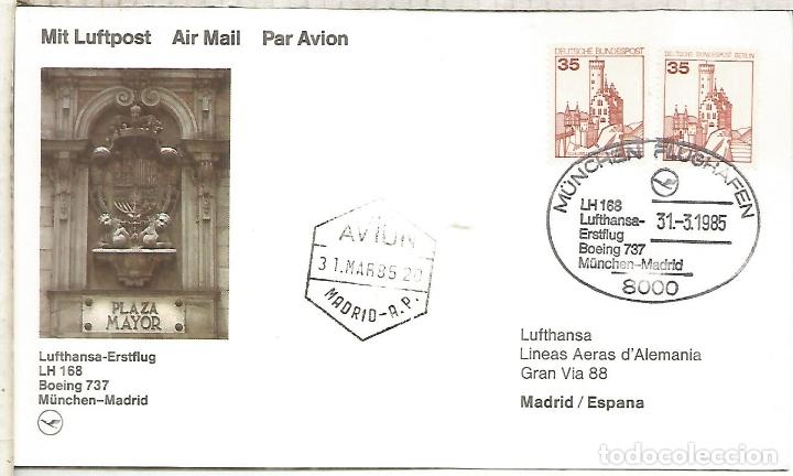 Sellos: PRIMER VUELO LUFTHANSA MUNCHEN MADRID 1985 MAT HEXAGONAL - Foto 1