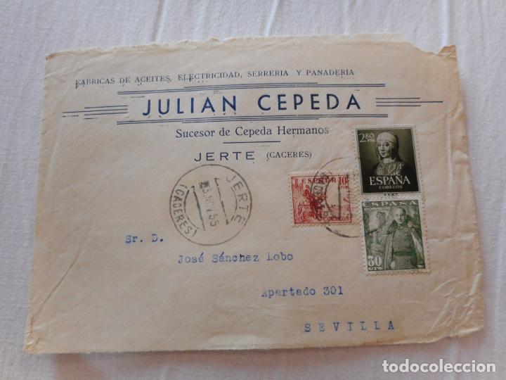 Selos: ANTIGUO SOBRE JUAN CEPEDA.FABRICA ACEITES.SERRERIA.PANADERIA.JERTE.CACERES 1955