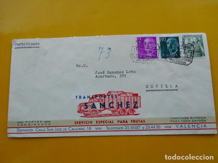 Francobolli: ANTIGUO SOBRE.TRANSPORTES SANCHEZ.ESPECIAL FRUTAS.VALENCIA 1959. CERTIFICADO SERVICIO NOCTURNO