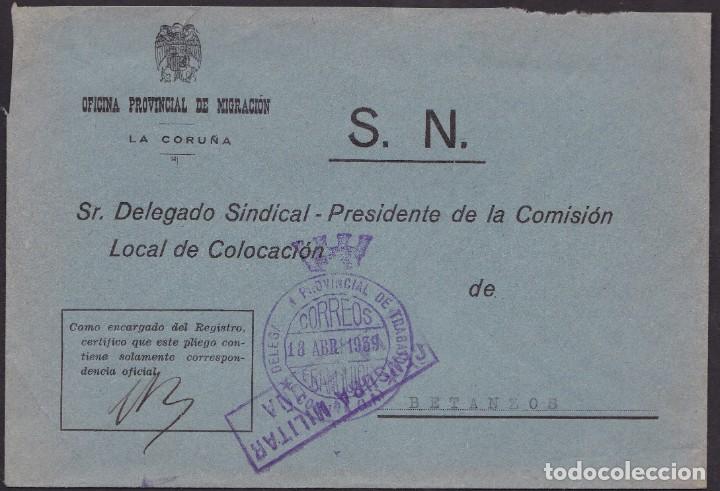 Timbres: 1939. CORU&Ntilde;A A BETANZOS. SOBRE IMPRESO DEL SN CON FRANQUICIA EN VIOLETA Y CENSURA. MUY BONITA.