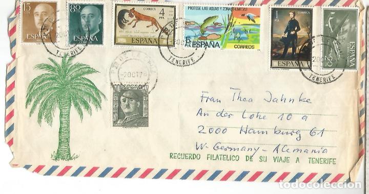 Timbres: SOBRE TURISTICO FRONTAL PUERTO DE LA CRUZ AVION CARABELA ARTE ECOLOGIA