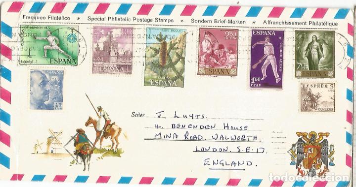 Sellos: SOBRE TURISTICO QUIJOTE MAT IBIZA ESGRIMA ARTE PINTURA PELOTA VASCA RELIGION FLORA