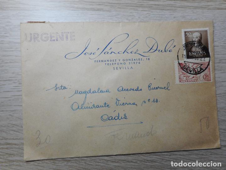 Timbres: ANTIGUO SOBRE CIRCULADO.CORRESPONDENCIA URGENTE.JOSE SANCHEZ DUB&Eacute;.SEVILLA 1951. AMB.CADIZ