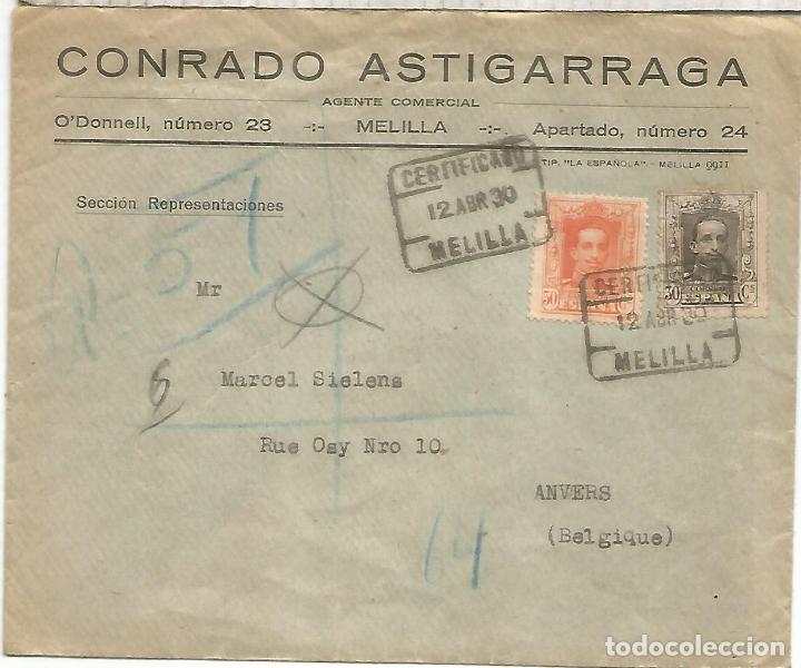 Sellos: MELILLA A ANVERS CC CERTIFICADA ALFONSO XIII VAQUER 1930 - Foto 1