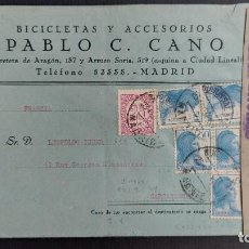 Sellos: SOBRE 1938 MADRID A CARCASSONNE (FRANCIA) CENSURADA CORREO AEREO SELLOS ALEGORIA 50C X5 CIFRA 25C