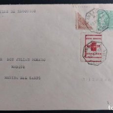 Sellos: SOBRE 1937 HULEVA A MEDINA DEL CAMPO SELLOS CORTADO 10C HACIENDA PROV 10C COCINA MUNICIP GIBRA 0,05
