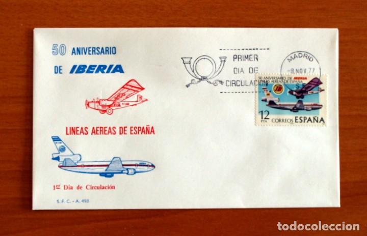 Sellos: Sobre el 1&ordm; Primer D&iacute;a de Circulaci&oacute;n - 50 Aniversario de Iberia - S.F.C. - A 493 - A&ntilde;o 1977