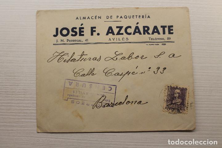 Sellos: AVIL&Eacute;S, ASTURIAS, CENSURA, JOS&Eacute;, F. AZC&Aacute;RATE, ALMAC&Eacute;N DE PAQUETER&Iacute;A