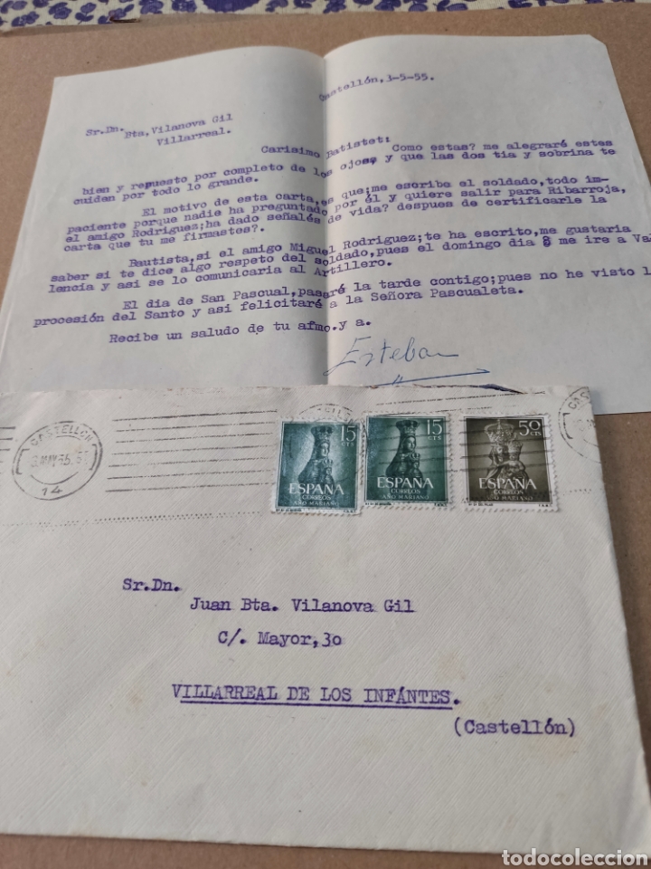 Briefmarken: Sobre circulado con carta para Sr Bautista Vilanova Gil, Villarreal de los infantes 1955