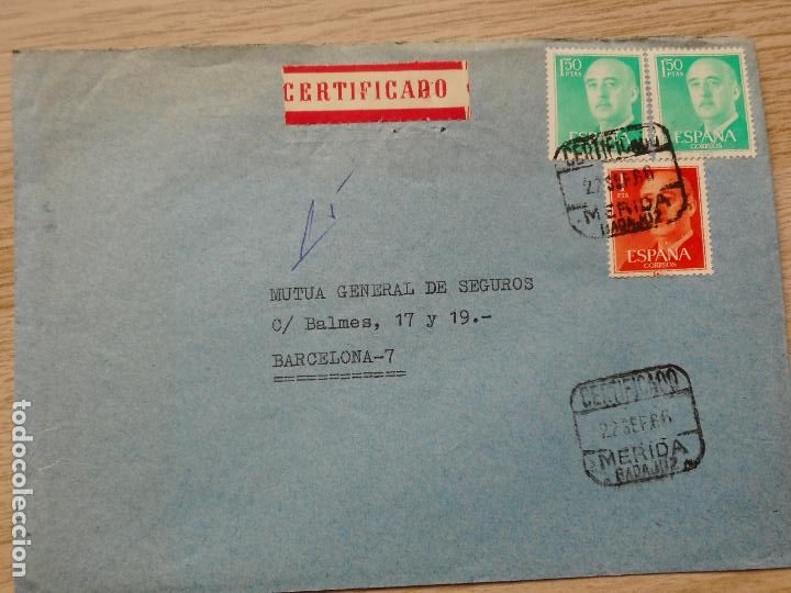 Sellos: ANTIGUO SOBRE CIRCULADO CERTIFICADO MERIDA BADAJOZ 1966 - Foto 1