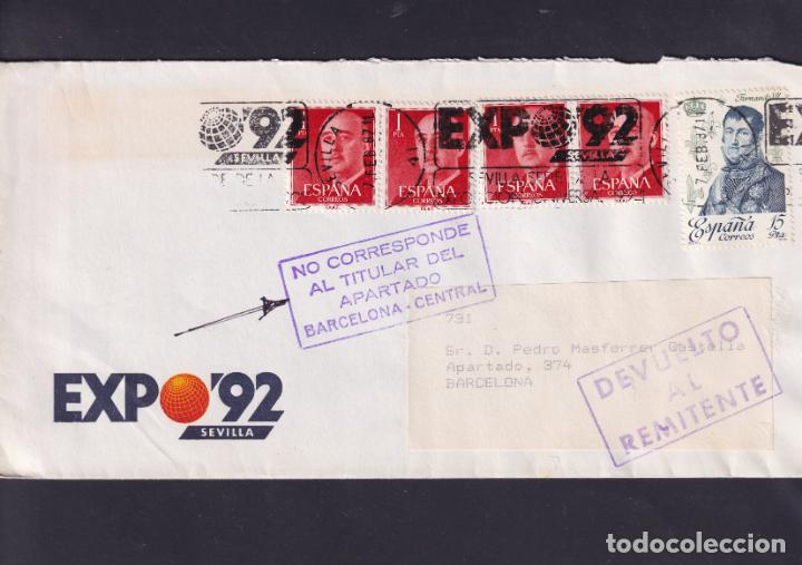 Briefmarken: -SEVILLA 41 RODILLO EXPO&acute;92 / SEVILLLA SEDE DE LA / ... Y MARCA NO CORRESPONDE / AL TITULAR DEL / A+