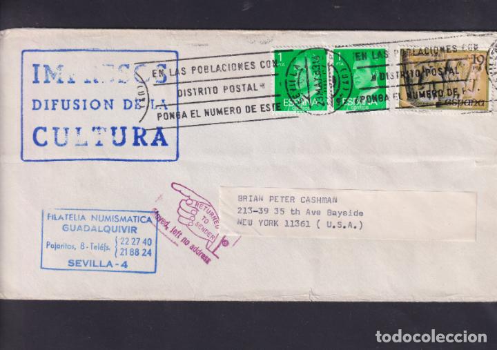 Sellos: -SEVILLA (41) RODILLO EN LAS POBLACIONES CON / DISTRITO POSTAL / ... Y MARCA EEUU DEVUELTO - Foto 1