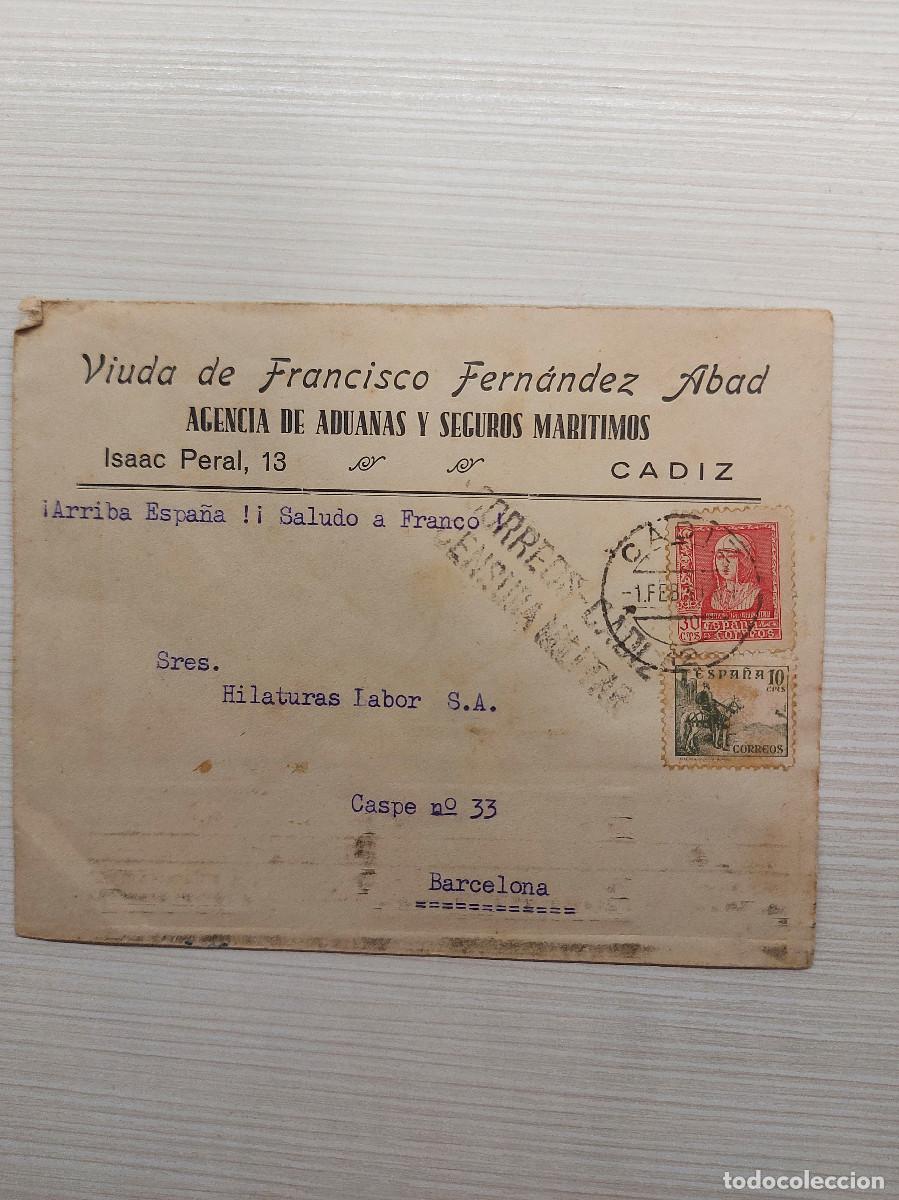 Stamps: CADIZ, VDA. FRANCISCO FERN&Aacute;NDEZ ABAD, ADUANAS Y SEGUROS MAR&Iacute;TIMOS, CENSURA