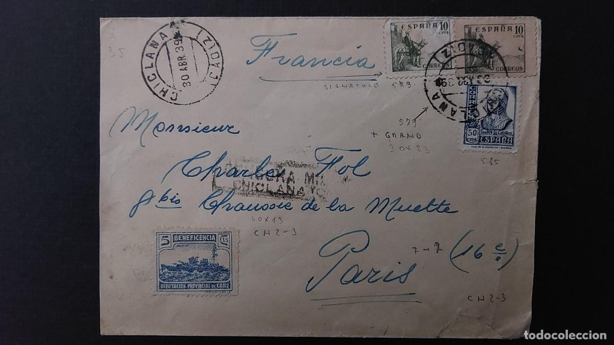 Sellos: SOBRE CADIZ (CHICLANA) A PARIS 1939 - Foto 1