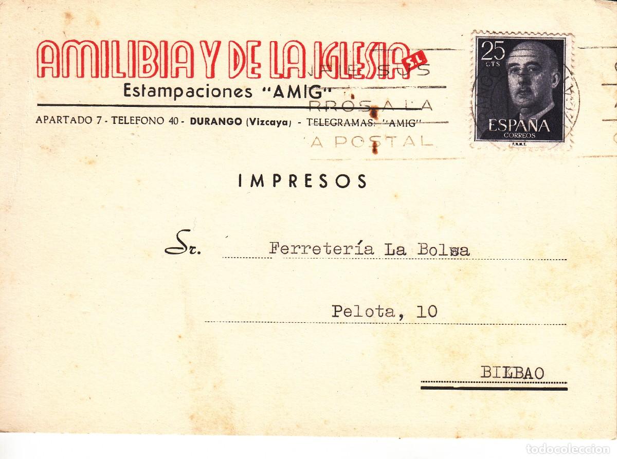 Sellos: TARJETA: BILBAO - DURANGO / AMILIBIA Y DE LA IGLESIA - Foto 1